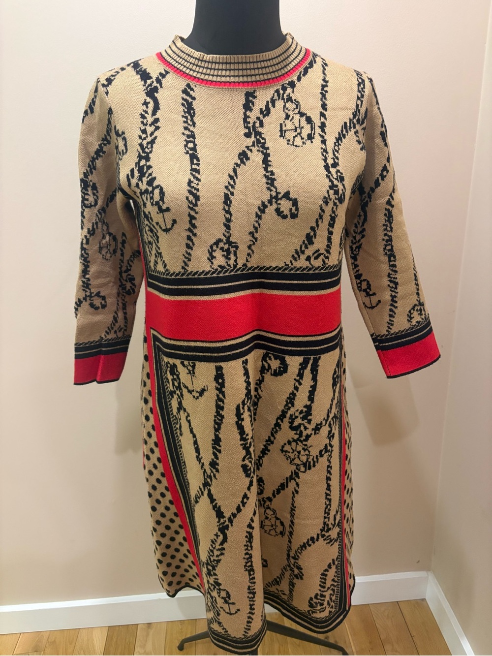 Beige & Red Patterned Knit Dress